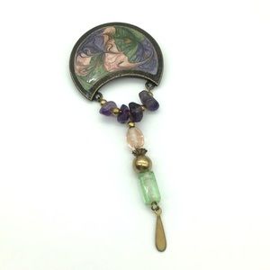 Vintage 1980s Brooch Enamel Swirl on Brass Purple Green Pink Glass Dangle Beads